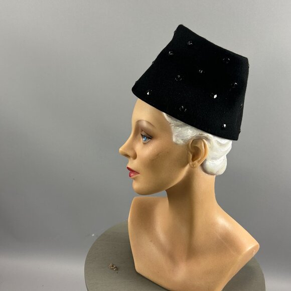 1940s Black Felt Military Hat w/ Jet Beads | Tall Vintage New York Creation Hat main image 6